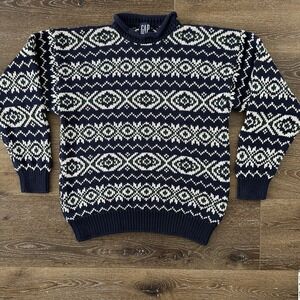 Vtg Gap Sweater Mens Large Navy Blue Roll Neck Fair Isle Nordic Chunky Thick 90s